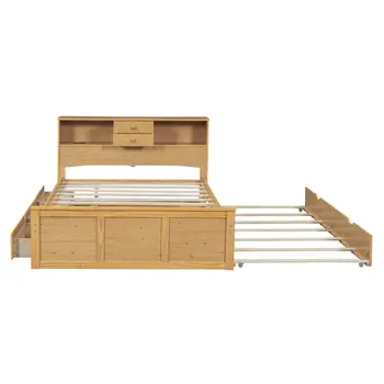 Natural Wood Full Bed Frame With Trundle And Drawers