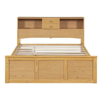Natural Wood Full Bed Frame With Trundle And Drawers