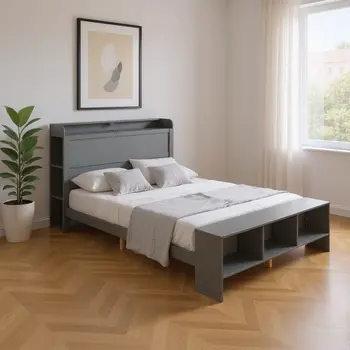 Gray Wood Full Bed Frame With LED Lighting And USB