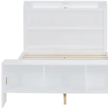 White Wood Full Bed Frame With LED Lighting And USB