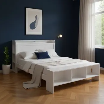 White Wood Full Bed Frame With LED Lighting And USB