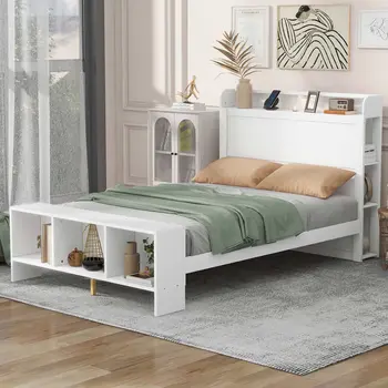 White Wood Full Bed Frame With LED Lighting And USB