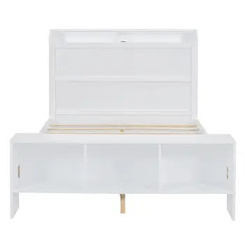 White Wood Full Bed Frame With LED Lighting And USB