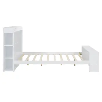 White Wood Full Bed Frame With LED Lighting And USB