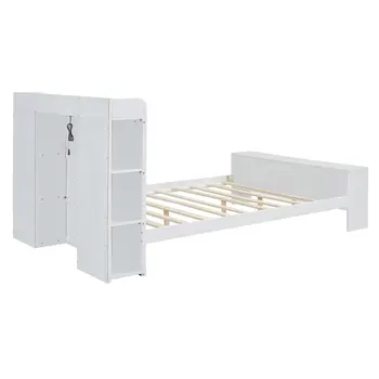 White Wood Full Bed Frame With LED Lighting And USB