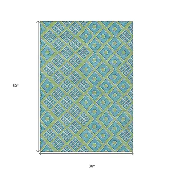 3' X 5' Artichoke Green And Aqua Geometric Washable Indoor Outdoor Area Rug