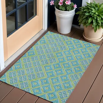 3' X 5' Artichoke Green And Aqua Geometric Washable Indoor Outdoor Area Rug