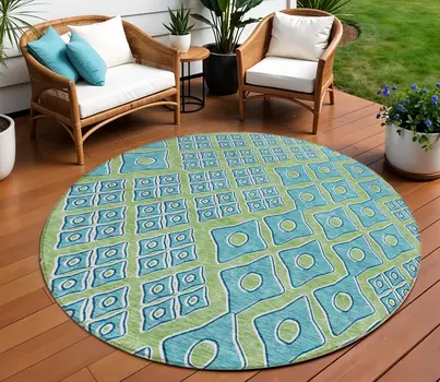 8' Artichoke Green And Aqua Round Geometric Washable Indoor Outdoor Area Rug