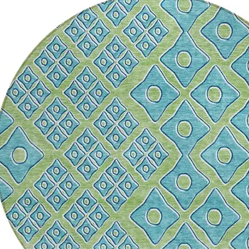 8' Artichoke Green And Aqua Round Geometric Washable Indoor Outdoor Area Rug