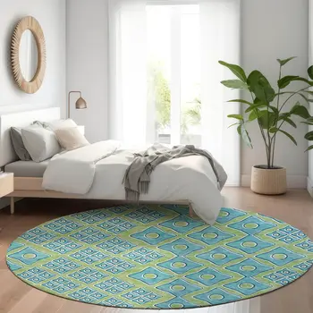 8' Artichoke Green And Aqua Round Geometric Washable Indoor Outdoor Area Rug