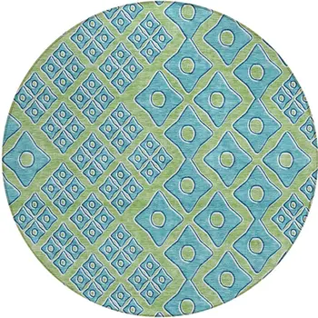 8' Artichoke Green And Aqua Round Geometric Washable Indoor Outdoor Area Rug
