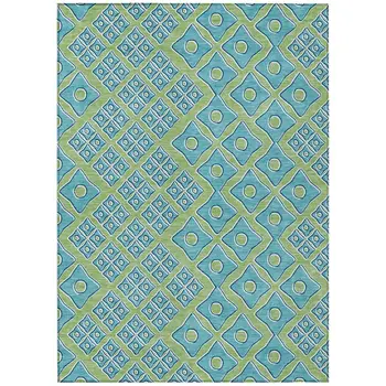 8' X 10' Artichoke Green And Aqua Geometric Washable Indoor Outdoor Area Rug