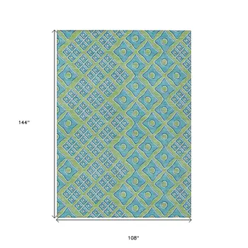 9' X 12' Artichoke Green And Aqua Geometric Washable Indoor Outdoor Area Rug