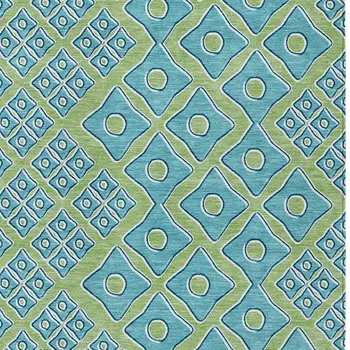 9' X 12' Artichoke Green And Aqua Geometric Washable Indoor Outdoor Area Rug