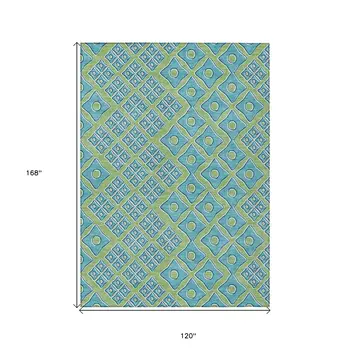 10' X 14' Artichoke Green And Aqua Geometric Washable Indoor Outdoor Area Rug
