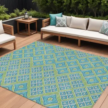 10' X 14' Artichoke Green And Aqua Geometric Washable Indoor Outdoor Area Rug
