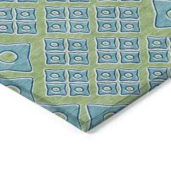 10' X 14' Artichoke Green And Aqua Geometric Washable Indoor Outdoor Area Rug