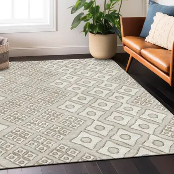 5' X 8' Beige And Ivory Geometric Washable Indoor Outdoor Area Rug