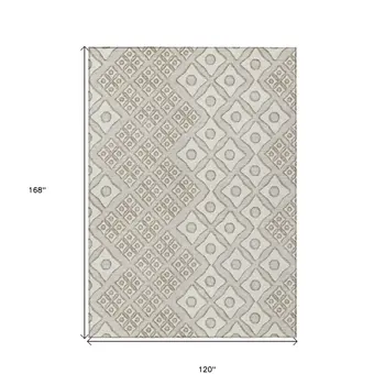 10' X 14' Beige And Ivory Geometric Washable Indoor Outdoor Area Rug