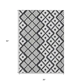 3' X 5' Black And Ivory Geometric Washable Indoor Outdoor Area Rug