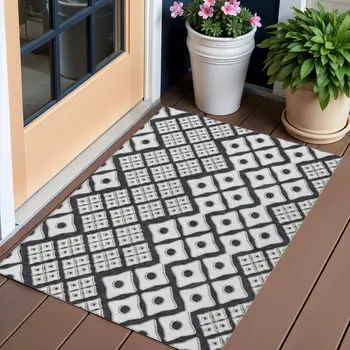 3' X 5' Black And Ivory Geometric Washable Indoor Outdoor Area Rug