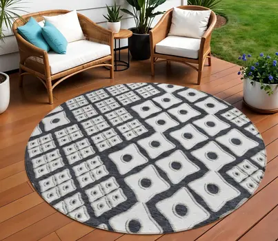 8' Black And Ivory Round Geometric Washable Indoor Outdoor Area Rug