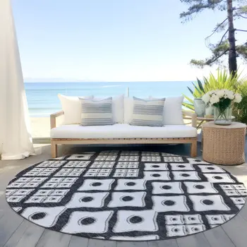 8' Black And Ivory Round Geometric Washable Indoor Outdoor Area Rug