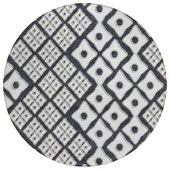 8' Black And Ivory Round Geometric Washable Indoor Outdoor Area Rug