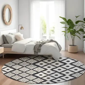 8' Black And Ivory Round Geometric Washable Indoor Outdoor Area Rug