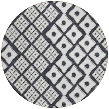 8' Black And Ivory Round Geometric Washable Indoor Outdoor Area Rug