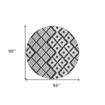 8' Black And Ivory Round Geometric Washable Indoor Outdoor Area Rug