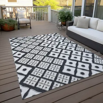 8' X 10' Black And Ivory Geometric Washable Indoor Outdoor Area Rug