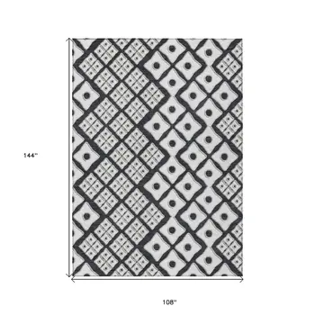 9' X 12' Black And Ivory Geometric Washable Indoor Outdoor Area Rug