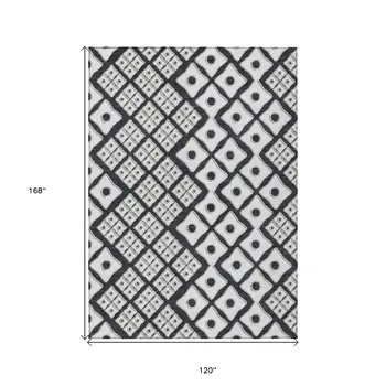 10' X 14' Black And Ivory Geometric Washable Indoor Outdoor Area Rug