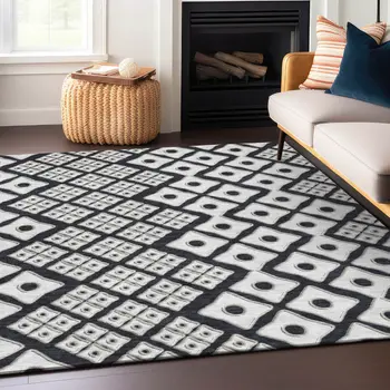 10' X 14' Black And Ivory Geometric Washable Indoor Outdoor Area Rug