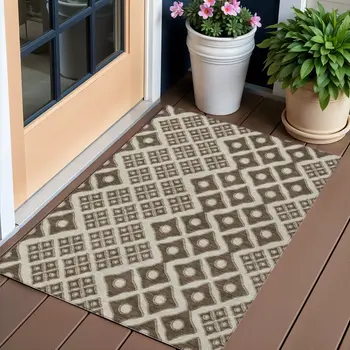 3' X 5' Brown And Beige Geometric Washable Indoor Outdoor Area Rug