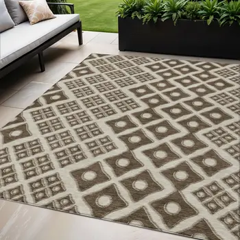 5' X 8' Brown And Beige Geometric Washable Indoor Outdoor Area Rug