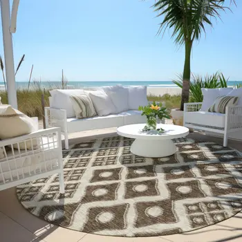 8' Brown And Beige Round Geometric Washable Indoor Outdoor Area Rug