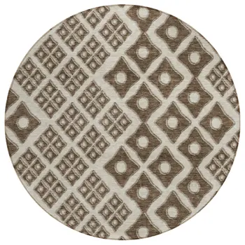 8' Brown And Beige Round Geometric Washable Indoor Outdoor Area Rug