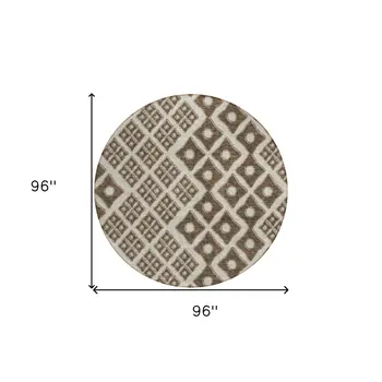 8' Brown And Beige Round Geometric Washable Indoor Outdoor Area Rug