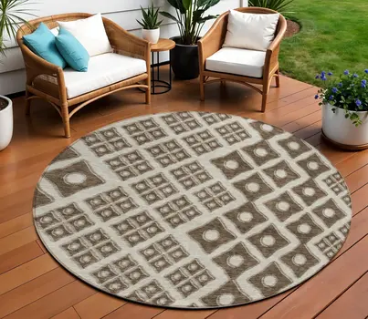 8' Brown And Beige Round Geometric Washable Indoor Outdoor Area Rug