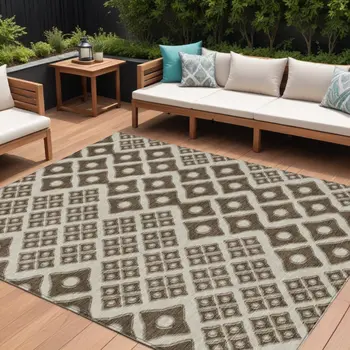 9' X 12' Brown And Beige Geometric Washable Indoor Outdoor Area Rug