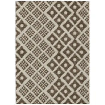 9' X 12' Brown And Beige Geometric Washable Indoor Outdoor Area Rug