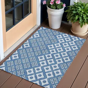 3' X 5' Denim Blue And Light Blue Geometric Washable Indoor Outdoor Area Rug