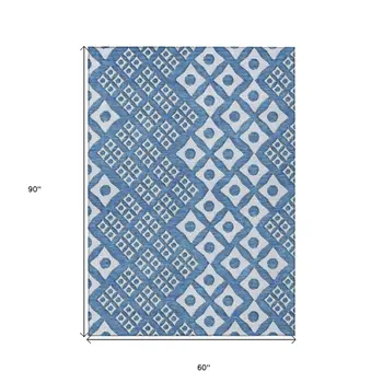 5' X 8' Denim Blue And Light Blue Geometric Washable Indoor Outdoor Area Rug