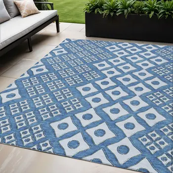 5' X 8' Denim Blue And Light Blue Geometric Washable Indoor Outdoor Area Rug