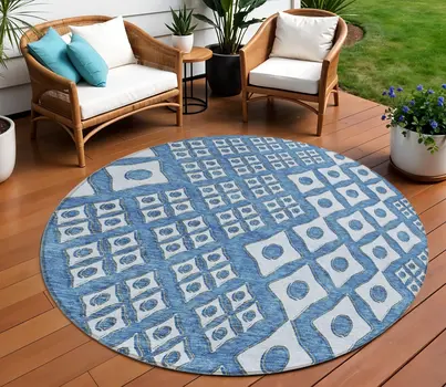 8' Denim Blue And Light Blue Round Geometric Washable Indoor Outdoor Area Rug