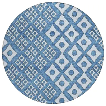 8' Denim Blue And Light Blue Round Geometric Washable Indoor Outdoor Area Rug