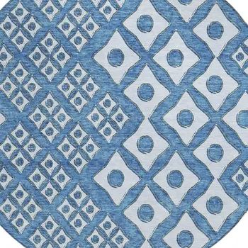 8' Denim Blue And Light Blue Round Geometric Washable Indoor Outdoor Area Rug