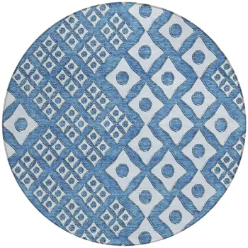 8' Denim Blue And Light Blue Round Geometric Washable Indoor Outdoor Area Rug